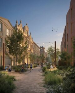 An artists impression showing the proposed redevelopment of Gateshead old Town hall. Greenery surrounds the front of the building whilst people relax and exercise in the public area.